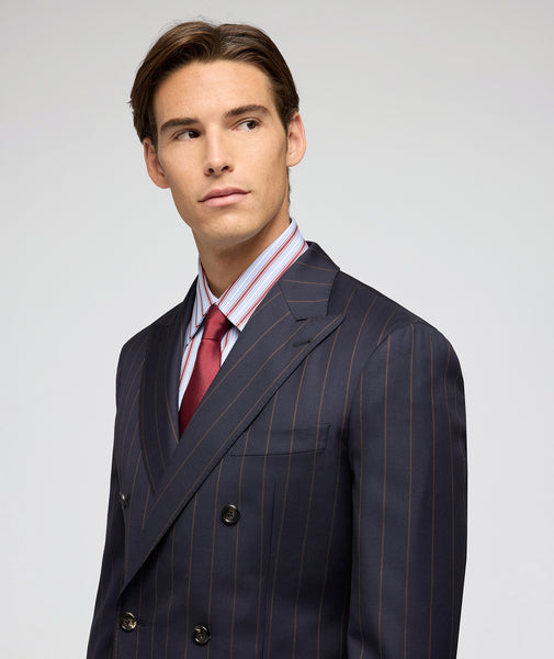 Navy and brown pinstriped wool suit