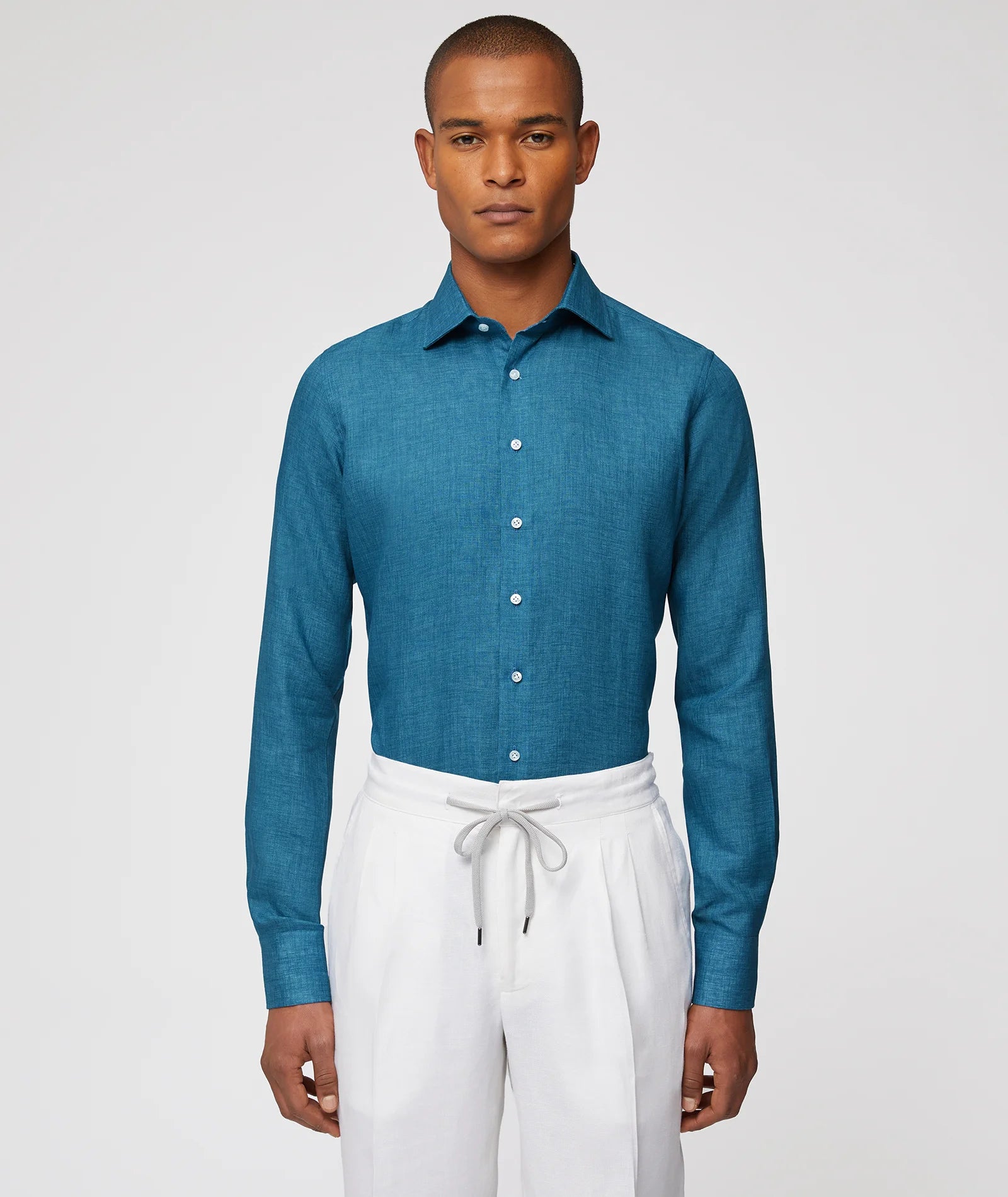 Camisa a medida para hombre azul verdoso de lino – Lanieri